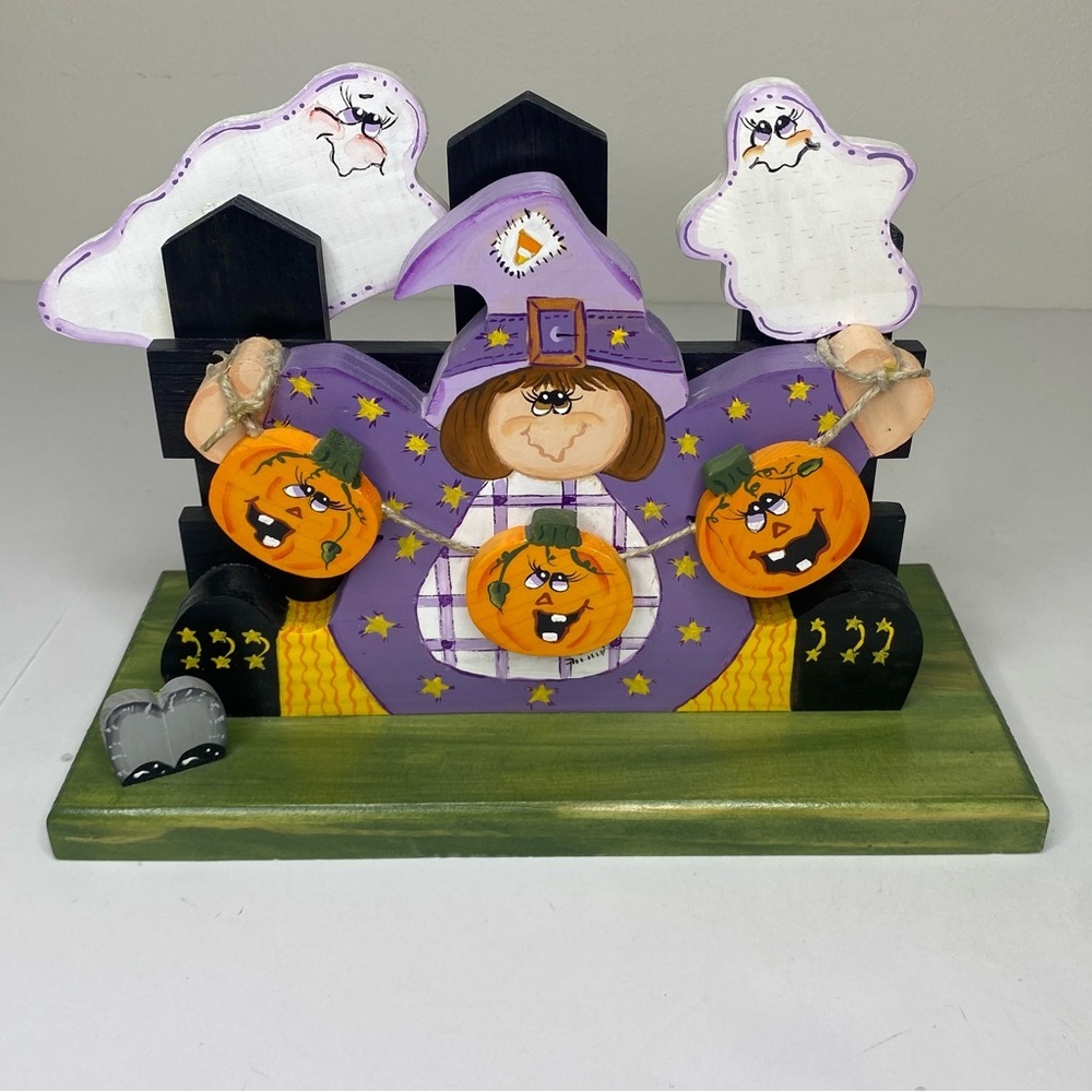 Vtg Handmade Wood Painted Halloween Witch Shelf Sitter Handmade Painted Signed